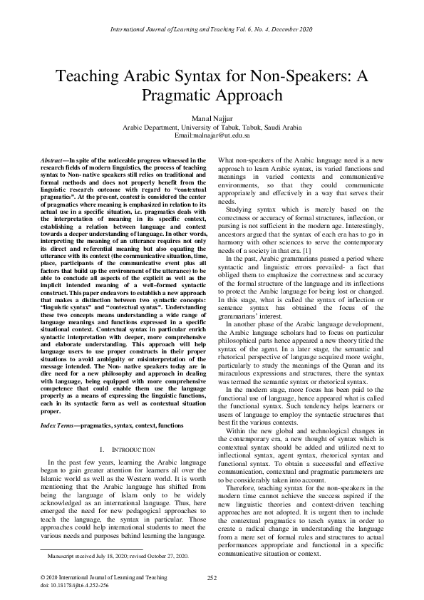 (PDF) Teaching Arabic Syntax for Non-Speakers: A Pragmatic Approach