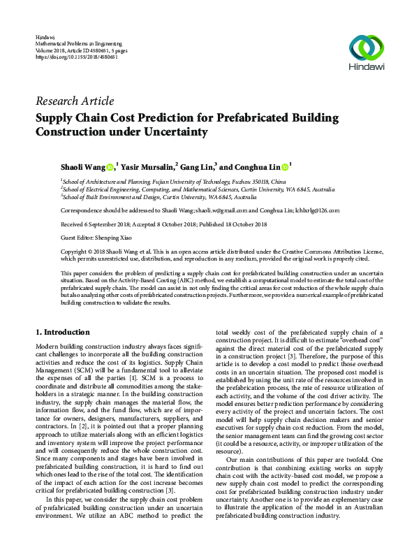 (PDF) Supply Chain Cost Prediction for Prefabricated Building ...