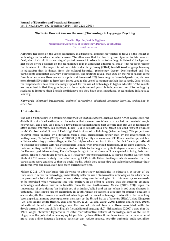 (PDF) Studentsâ€™ Perceptions on the use of Technology in Language Teaching