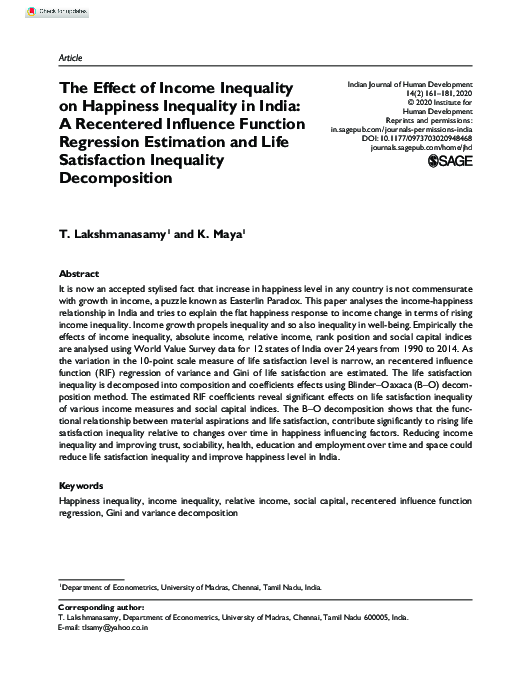 (PDF) The Effect of Income Inequality on Happiness Inequality in India ...