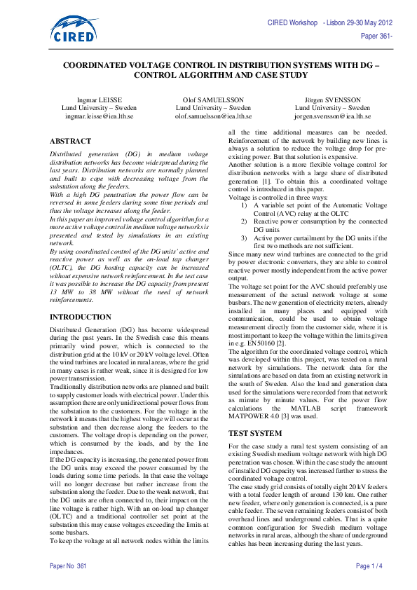 (PDF) Coordinated voltage control in distribution systems with DG ...