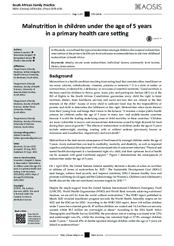 (PDF) Malnutrition in children under the age of 5 years in a primary ...