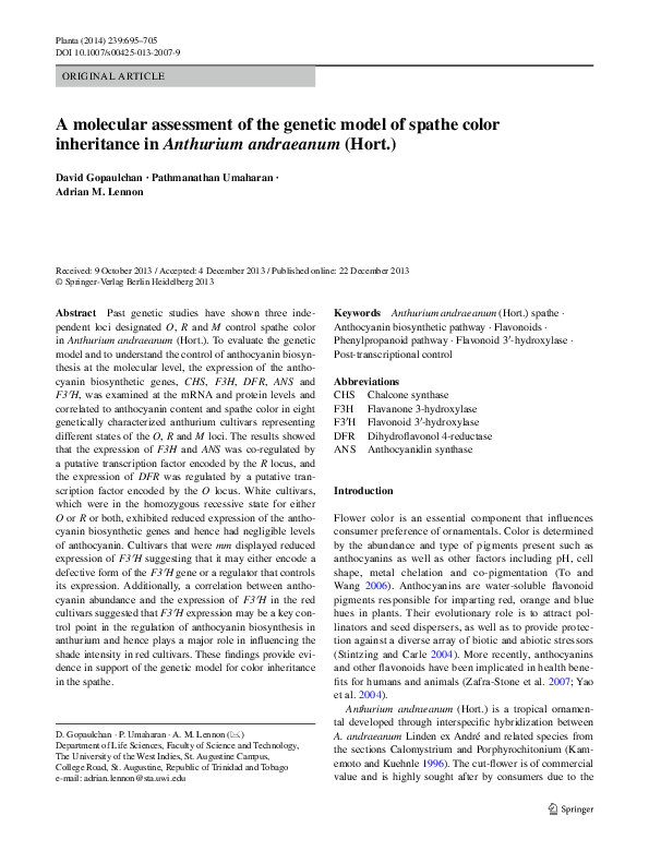 (PDF) A molecular assessment of the genetic model of spathe color ...