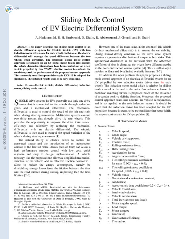 (PDF) Sliding mode control of EV electric differential system