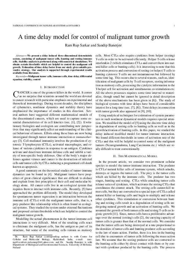 (PDF) A Time Delay Model for Control of Malignant Tumor Growth