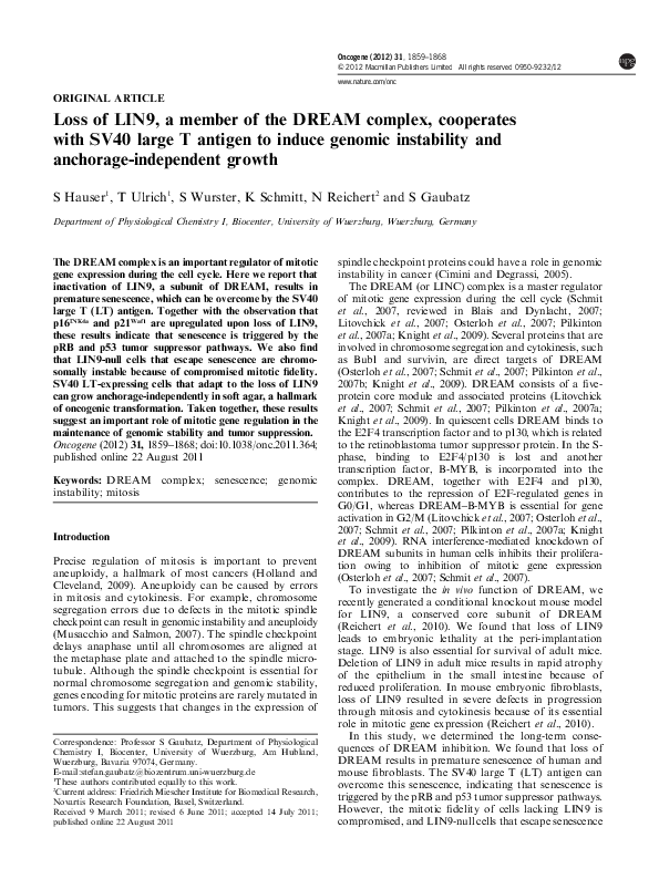 (PDF) Loss of LIN9, a member of the DREAM complex, cooperates with SV40 ...