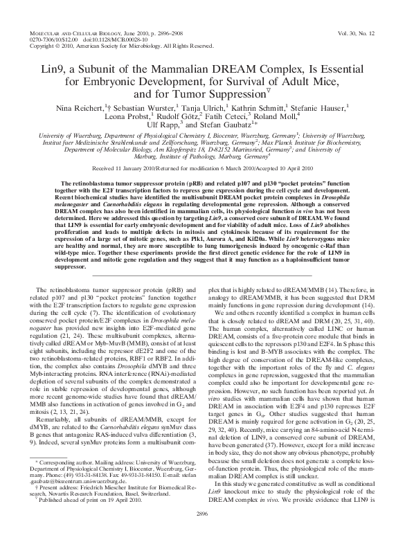 (PDF) Lin9, a subunit of the mammalian DREAM complex, is essential for ...