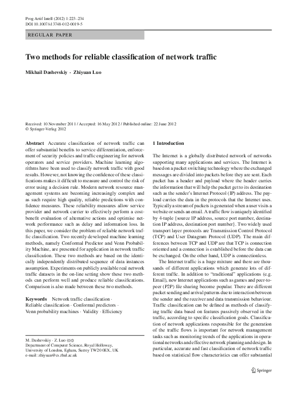(PDF) Two methods for reliable classification of network traffic