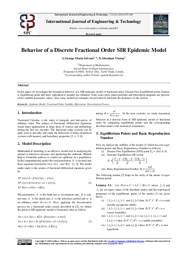(PDF) Behavior of a Discrete Fractional Order SIR Epidemic Model