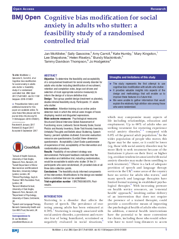 (PDF) Cognitive bias modification for social anxiety in adults who ...