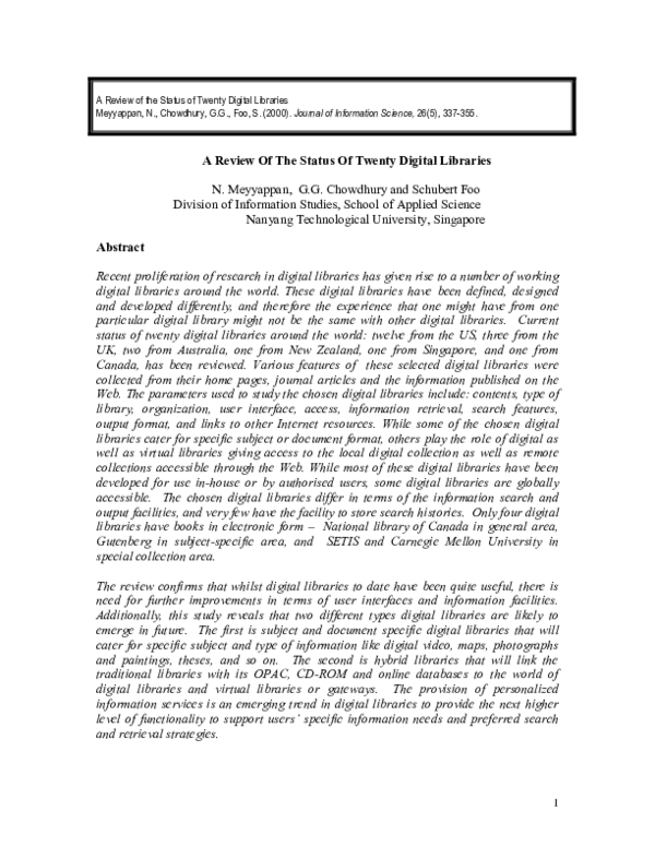 (PDF) A review of the status of 20 digital libraries | Narayanan ...