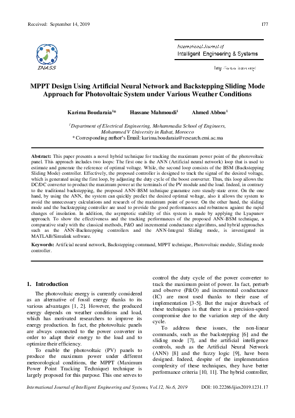 (PDF) MPPT Design Using Artificial Neural Network and Backstepping ...
