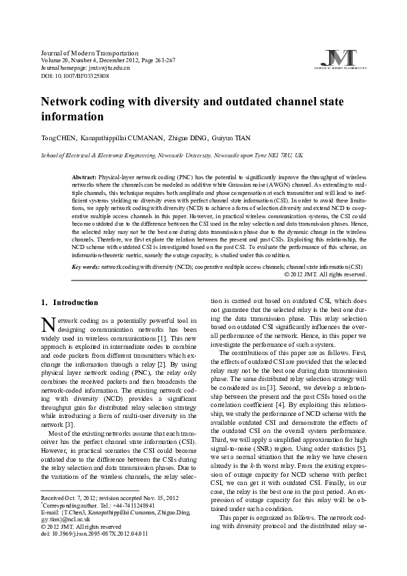 (PDF) Network coding with diversity and outdated channel state information