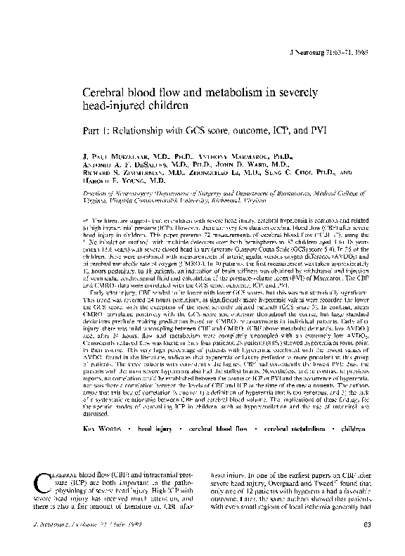 (PDF) Cerebral blood flow and metabolism in severely head-injured ...