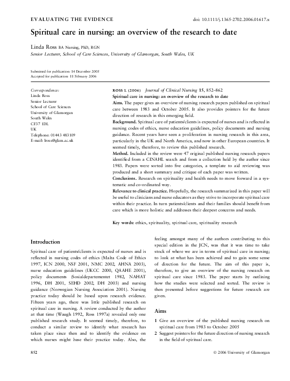 (PDF) Spiritual care in nursing: an overview of the research to date