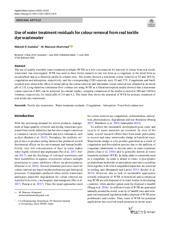 (PDF) Use of water treatment residuals for colour removal from real ...