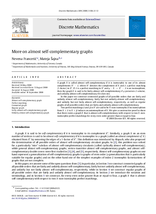(PDF) More on almost self-complementary graphs