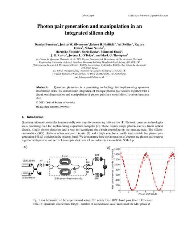 (PDF) Photon pair generation and manipulation in an integrated silicon chip