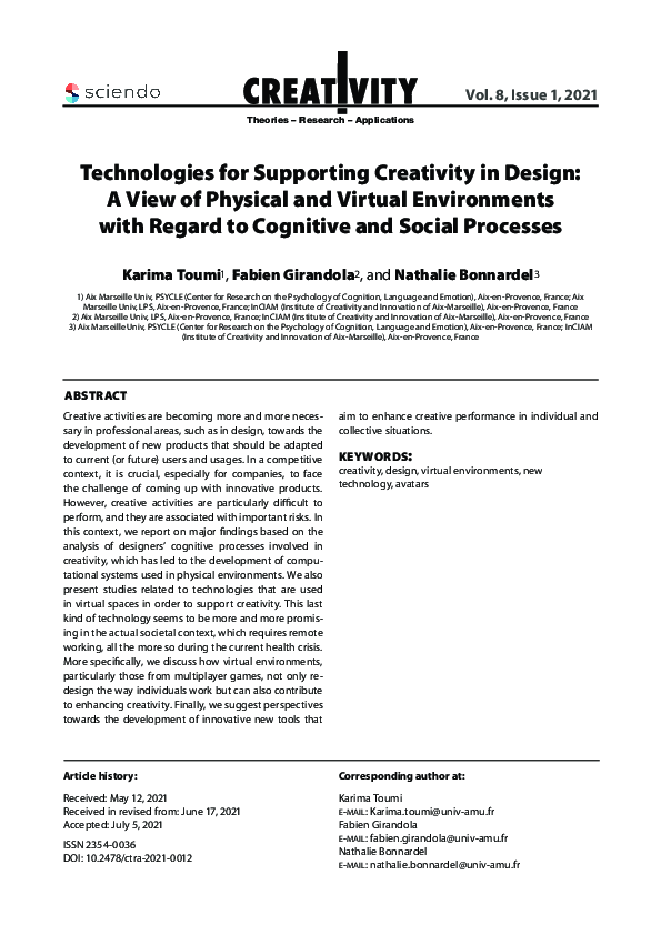 (PDF) Technologies for Supporting Creativity in Design: A View of ...