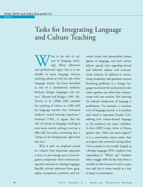 (PDF) Tasks for Integrating Language and Culture Teaching