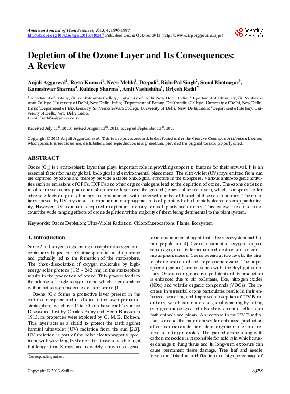 (PDF) Depletion of the Ozone Layer and Its Consequences: A Review
