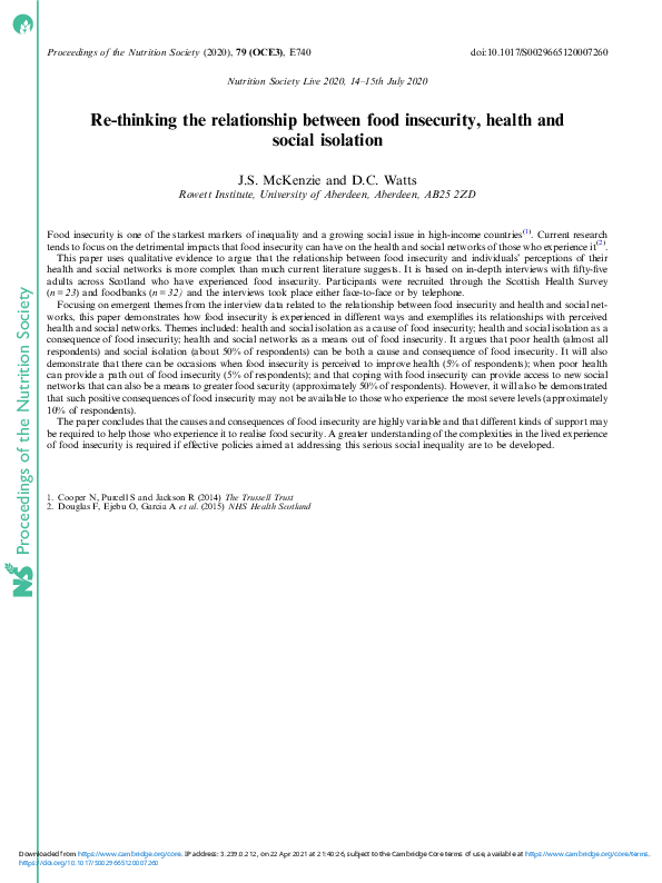 (PDF) Re-thinking the relationship between food insecurity, health and ...