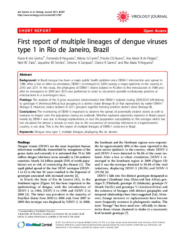 (PDF) First report of multiple lineages of dengue viruses type 1 in Rio ...