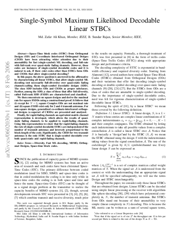 (PDF) Single-symbol maximum likelihood decodable linear STBCs | Zafar ...