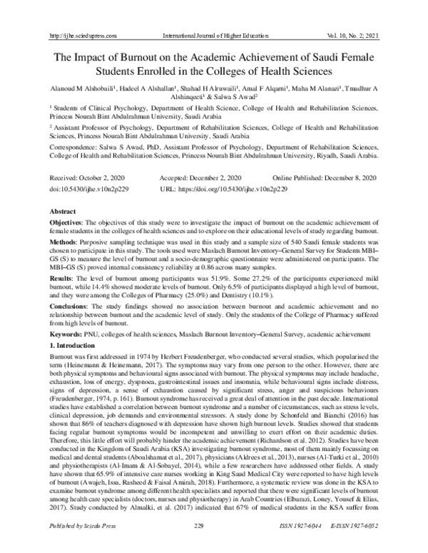 (PDF) The Impact of Burnout on the Academic Achievement of Saudi Female ...
