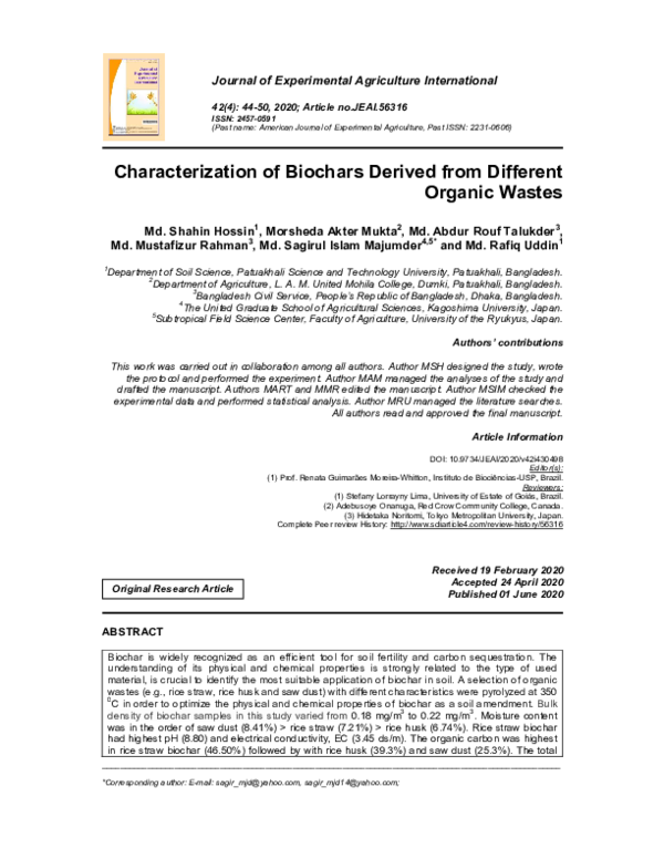 (PDF) Characterization of Biochars Derived from Different Organic Wastes