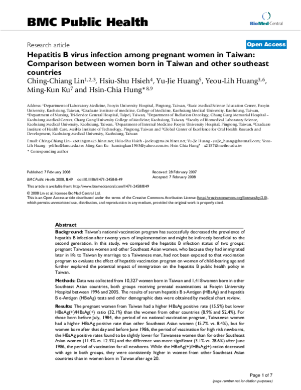 (PDF) Hepatitis B virus infection among pregnant women in Taiwan ...