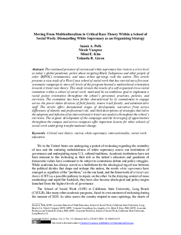 (PDF) Moving From Multiculturalism to Critical Race Theory Within a ...