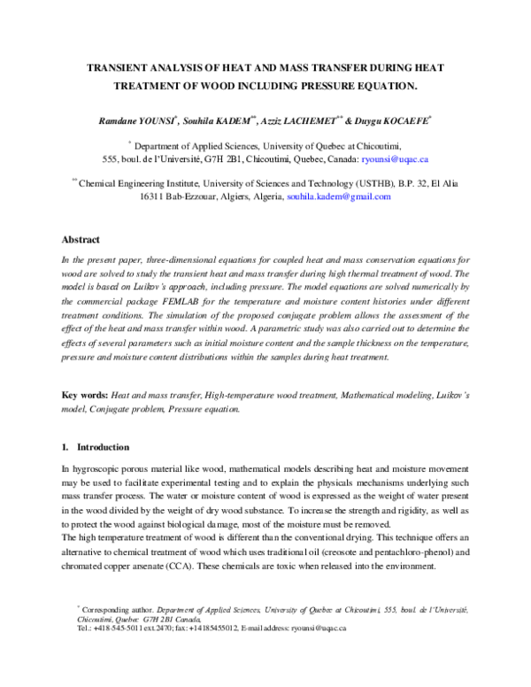 (PDF) Transient analysis of heat and mass transfer during heat ...