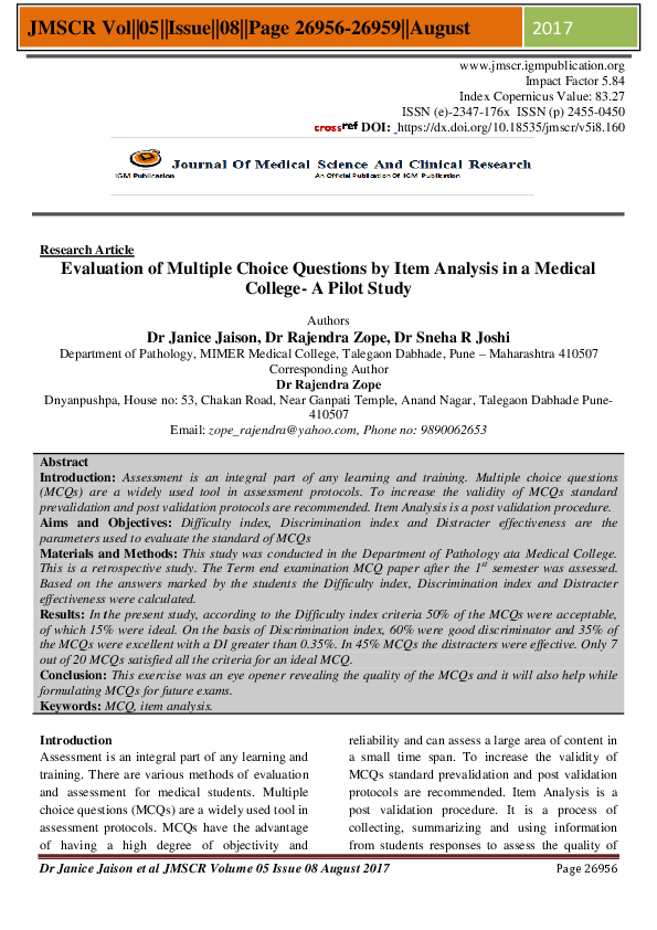 (PDF) Evaluation of Multiple Choice Questions by Item Analysis in a ...