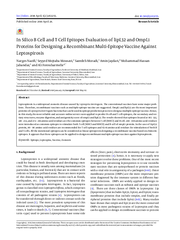 (PDF) In Silico B Cell and T Cell Epitopes Evaluation of lipL32 and ...