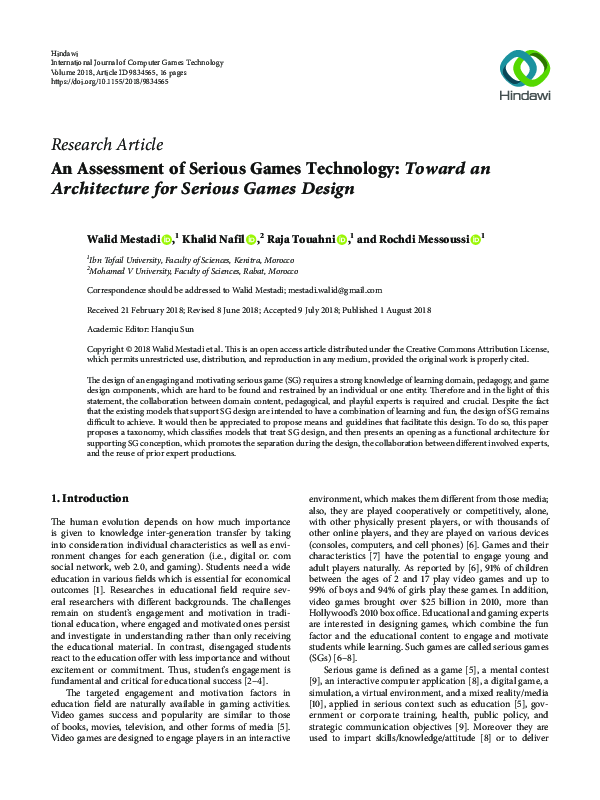 (PDF) An Assessment of Serious Games Technology: Toward an Architecture ...