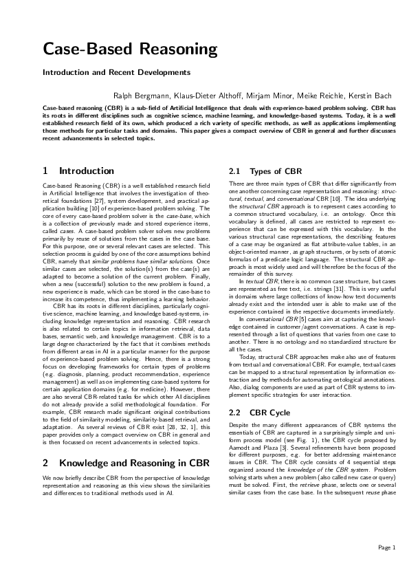 (PDF) Case-based reasoning-introduction and recent developments