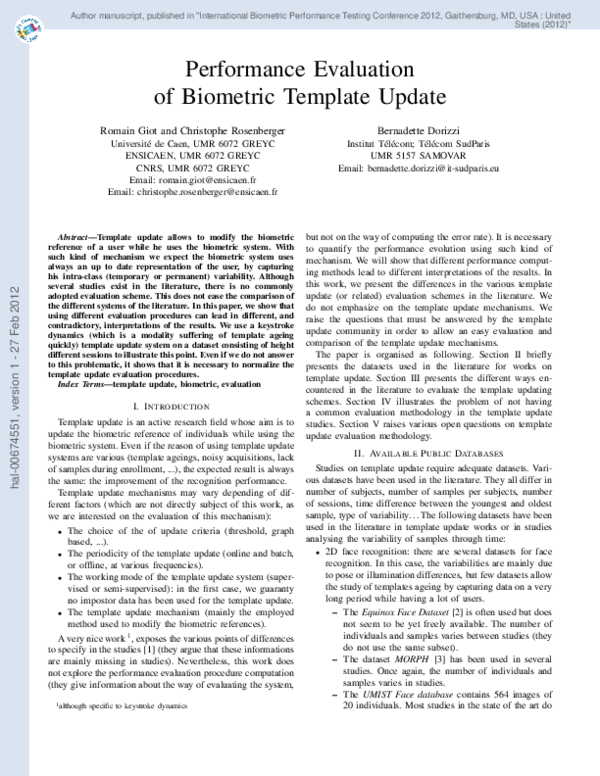 (PDF) Performance evaluation of biometric template update