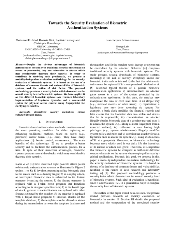 (PDF) Towards the Security Evaluation of Biometric Authentication Systems