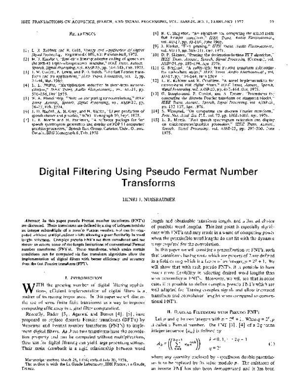 (PDF) Digital filtering using pseudo fermat number transforms