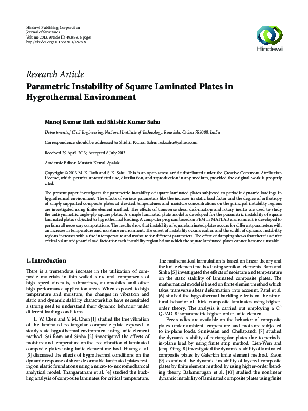 (PDF) Parametric Instability of Square Laminated Plates in Hygrothermal ...