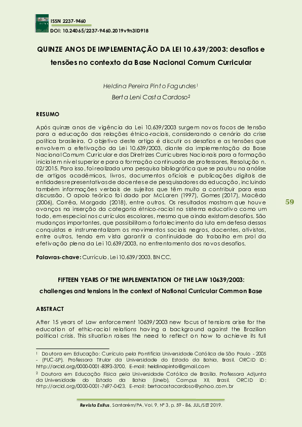 (PDF) Quinze anos de implementação da Lei 10639/2003: desafios e ...