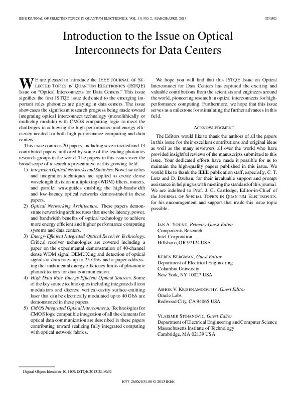 (PDF) Introduction to the issue on optical interconnects