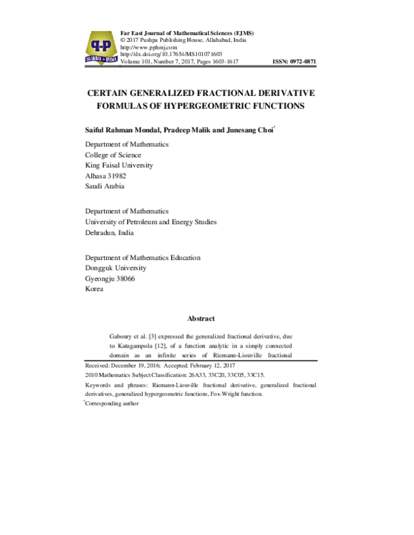 (PDF) Certain Generalized Fractional Derivative Formulas of ...