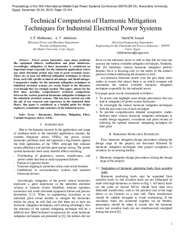 (PDF) Technical Comparison of Harmonic Mitigation Techniques for Industrial Electrical Power