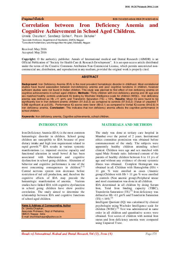 (PDF) Correlation between Iron Deficiency Anemia and Cognitive ...