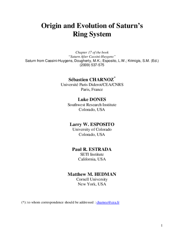 (PDF) Origin and Evolution of Saturn's Ring System