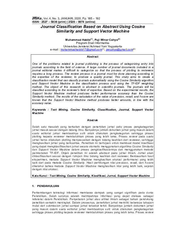 (PDF) Journal Classification Based on Abstract Using Cosine Similarity ...