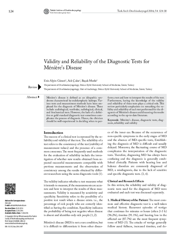 (PDF) Validity and Reliability of the Diagnostic Tests for Ménière's