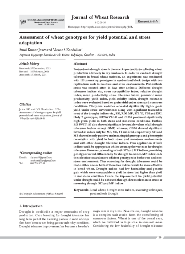 (PDF) Assessment of wheat genotypes for yield potential and stress ...